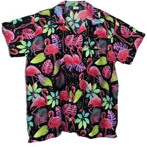 King Kameha Black & Pink Tropical Flamingo Print Short Sleeve Button Shirt XXL
